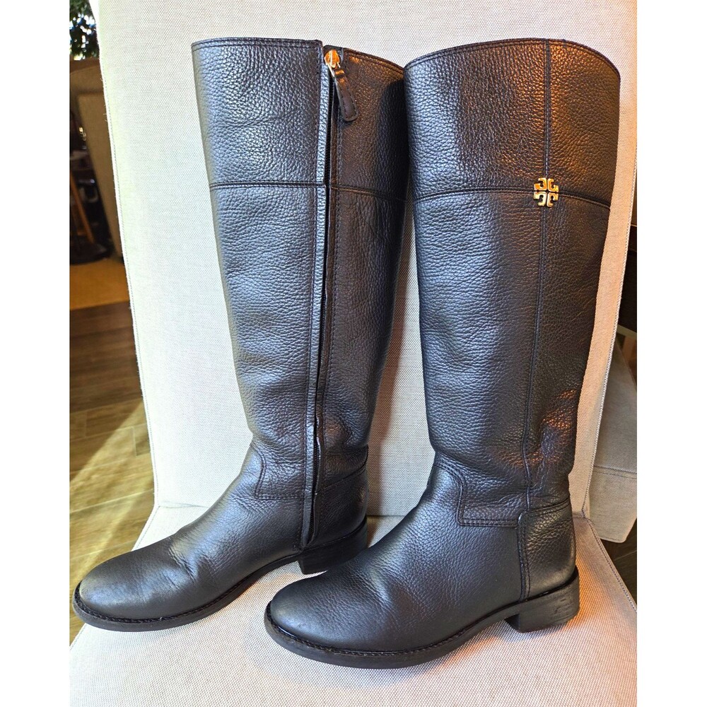 Tory Burch Womens Black Leather Knee High Riding Boots Zip Logo Size 6 EU 37